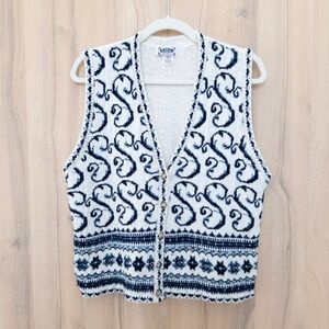 VTG SML‎ Sport Womens Knit Vest Size L White Blue Fair Isle Cottagecore Cozy